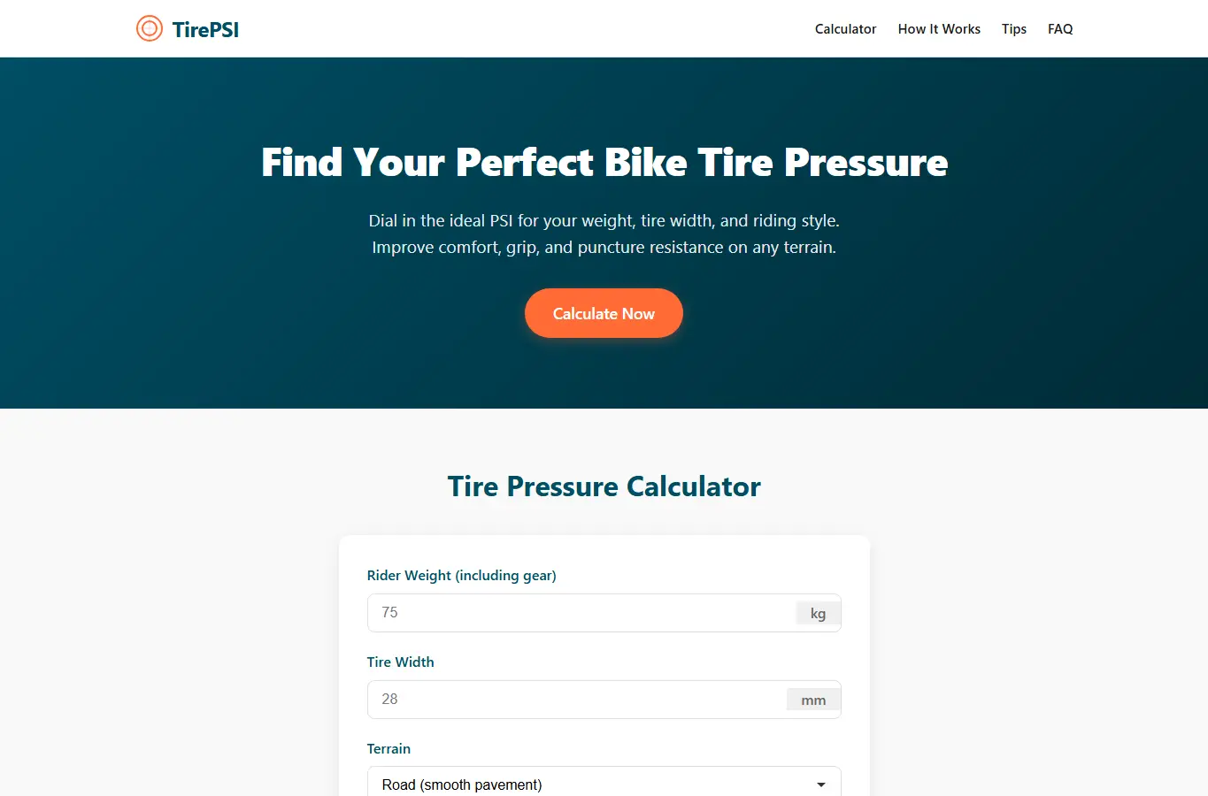 Screenshot of Bike Tire Pressure Calculator interface showing the project page in use